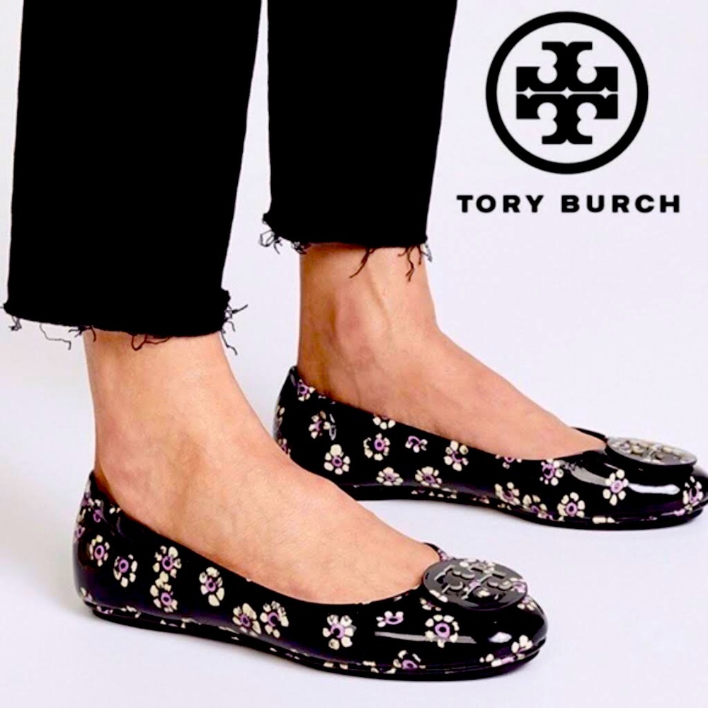Tory Burch Black Floral Reva Flats with Silver Logo